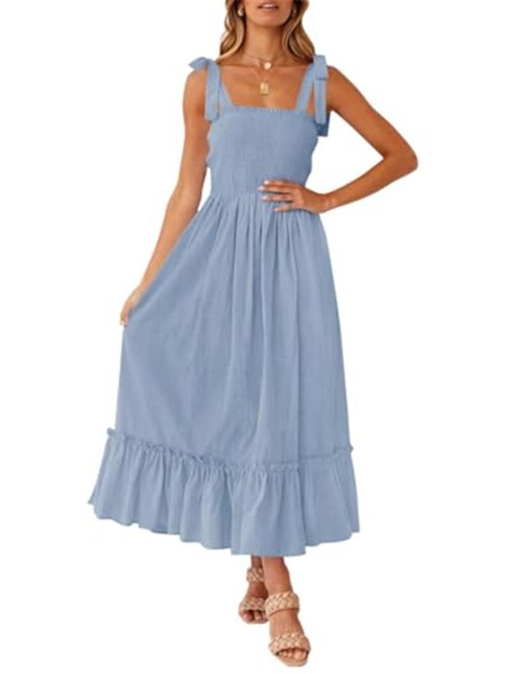 Boho Maxi Dress Spaghetti Strap Square Neck Ruffle Beach Long Summer Blue
